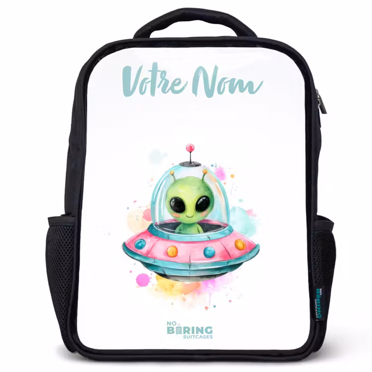 Sac à dos enfant avec votre nom - Noir - Un extraterrestre vert dans un OVNI coloré — 1