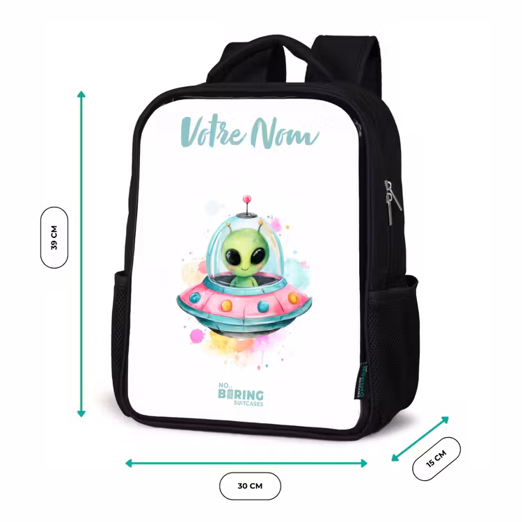 Sac à dos enfant avec votre nom - Noir - Un extraterrestre vert dans un OVNI coloré — 8