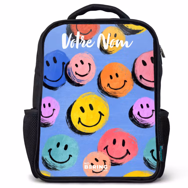Sac à dos enfant avec votre nom - Noir - Un motif ludique et artistique de smileys colorés — 1