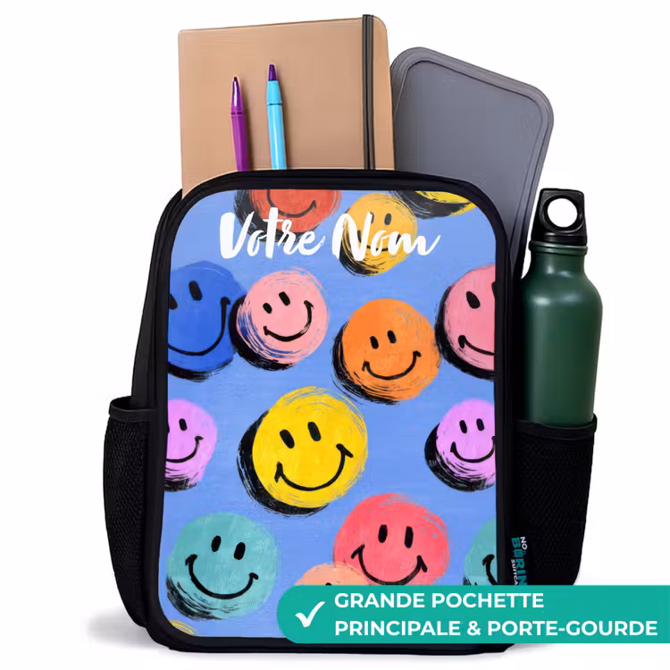 Sac à dos enfant avec votre nom - Noir - Un motif ludique et artistique de smileys colorés — 10