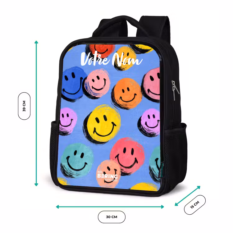 Sac à dos enfant avec votre nom - Noir - Un motif ludique et artistique de smileys colorés — 8