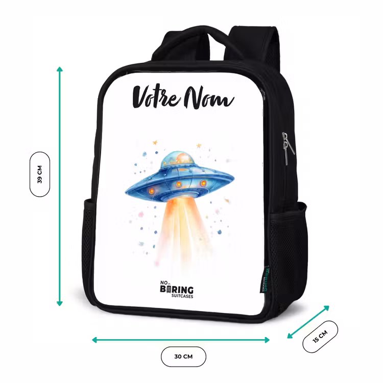 Sac à dos enfant avec votre nom - Noir - Vaisseau spatial bleu avec faisceau lumineux — 8