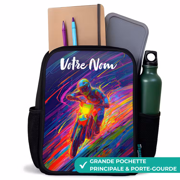 Sac à dos enfant avec votre nom - Noir - Vélo de cross - Couleurs néon - Lignes - Casque — 10
