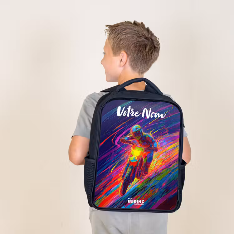 Sac à dos enfant avec votre nom - Noir - Vélo de cross - Couleurs néon - Lignes - Casque — 2