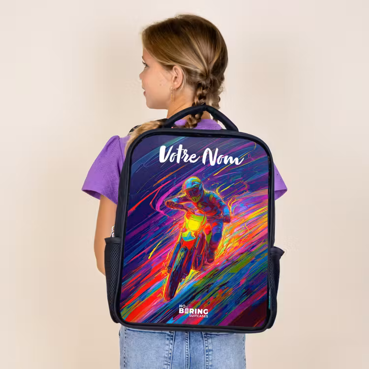 Sac à dos enfant avec votre nom - Noir - Vélo de cross - Couleurs néon - Lignes - Casque — 4