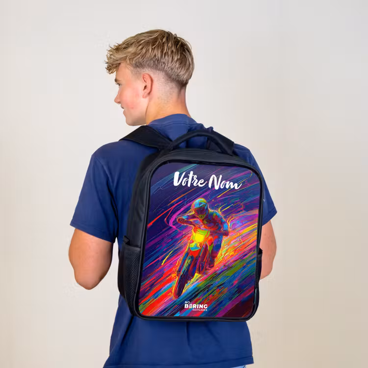 Sac à dos enfant avec votre nom - Noir - Vélo de cross - Couleurs néon - Lignes - Casque — 5