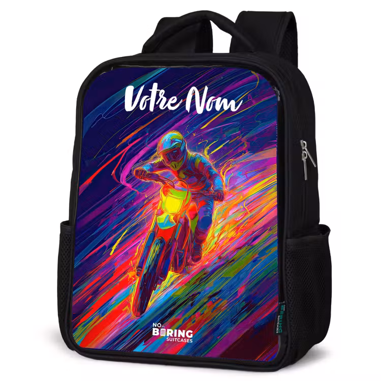 Sac à dos enfant avec votre nom - Noir - Vélo de cross - Couleurs néon - Lignes - Casque — 6