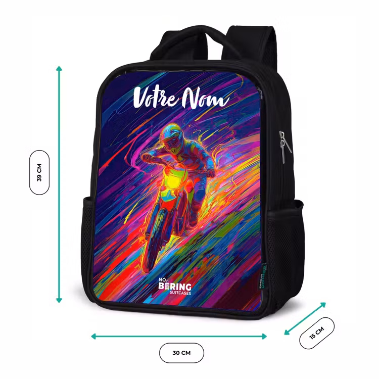Sac à dos enfant avec votre nom - Noir - Vélo de cross - Couleurs néon - Lignes - Casque — 8