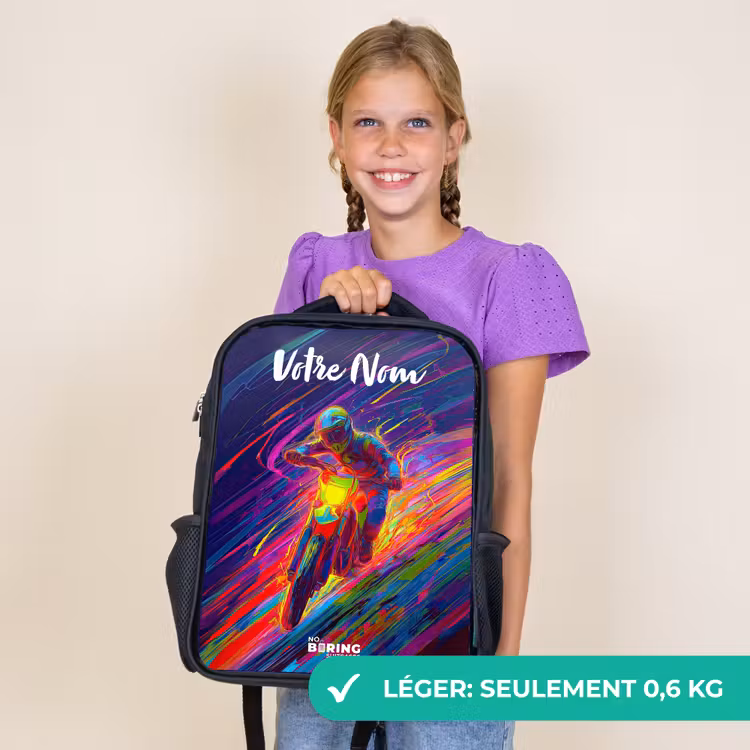 Sac à dos enfant avec votre nom - Noir - Vélo de cross - Couleurs néon - Lignes - Casque — 9