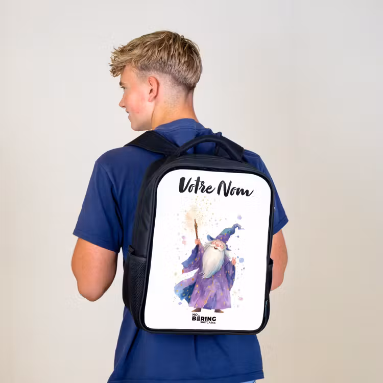Sac à dos enfant avec votre nom - Noir - Vieux magicien avec bâton — 5