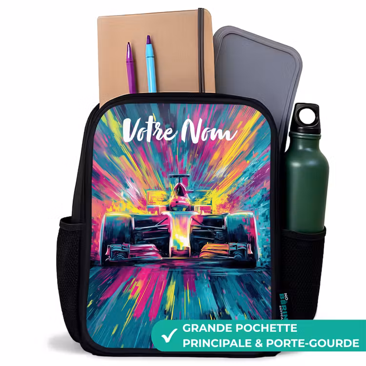 Sac à dos enfant avec votre nom - Noir - Voiture de course - Abstrait - Rayures - Bleu — 10