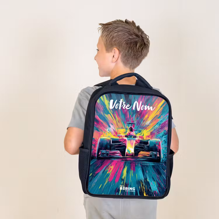 Sac à dos enfant avec votre nom - Noir - Voiture de course - Abstrait - Rayures - Bleu — 2