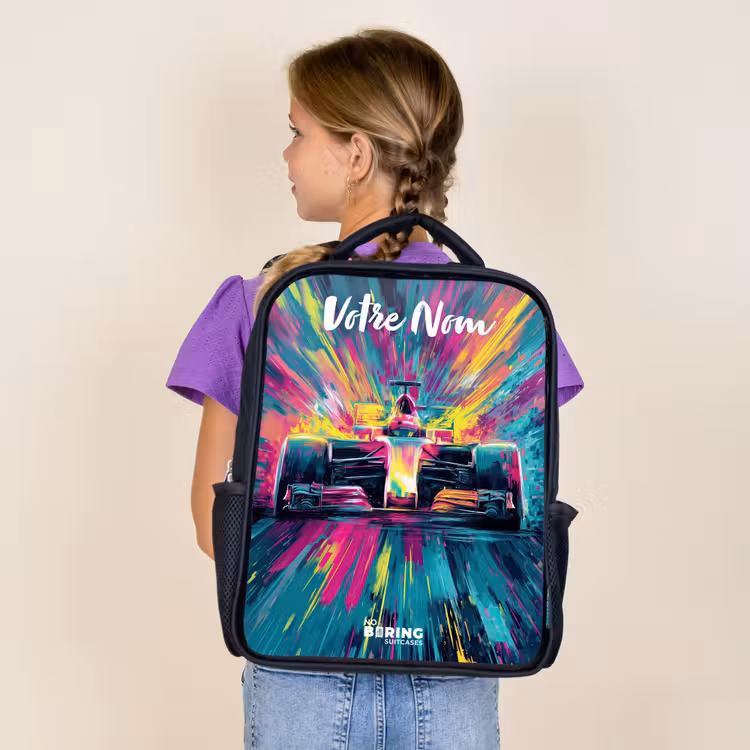 Sac à dos enfant avec votre nom - Noir - Voiture de course - Abstrait - Rayures - Bleu — 4