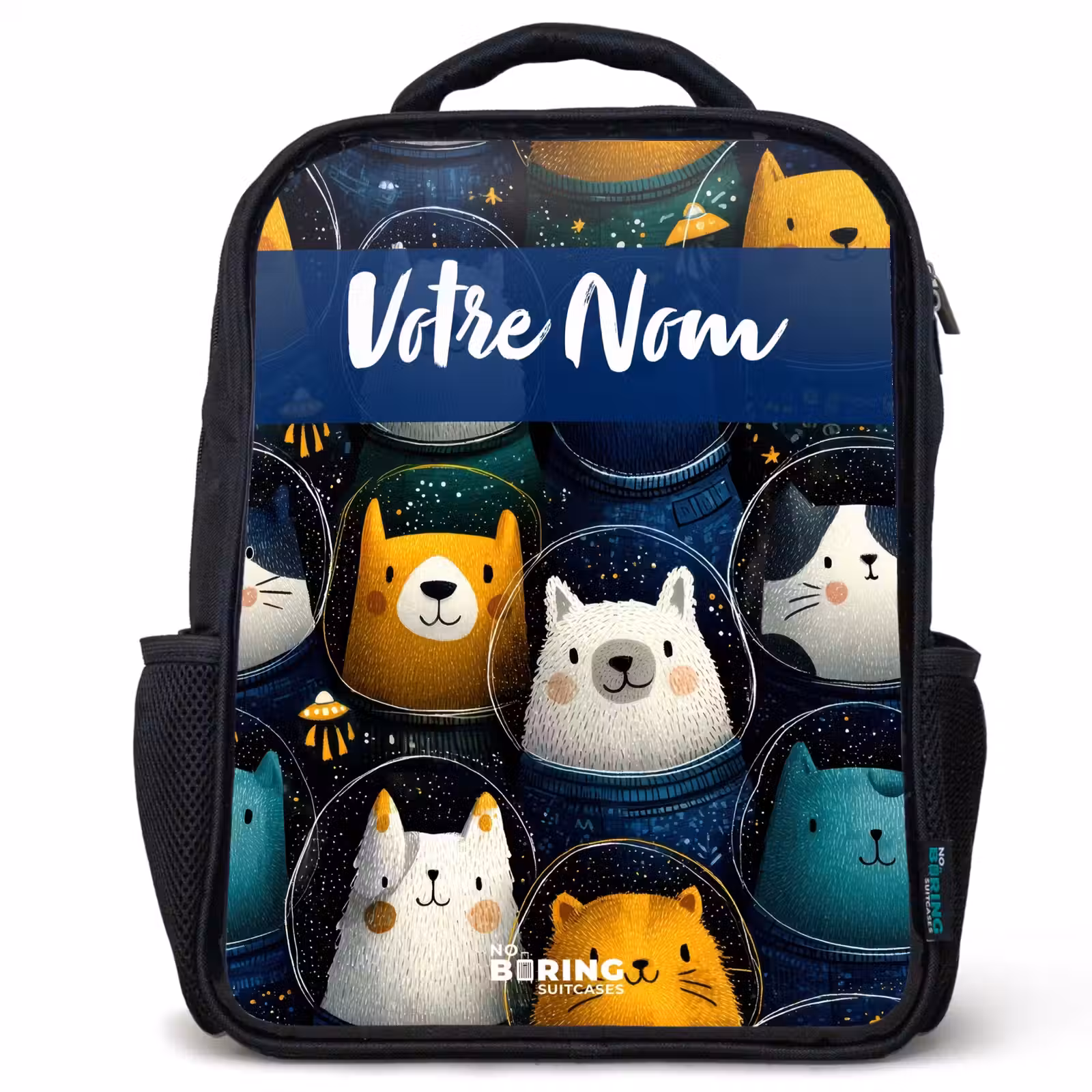Sac à dos enfant avec votre nom - Noir - Animaux - Étoiles - Planètes - Astronaute — 1