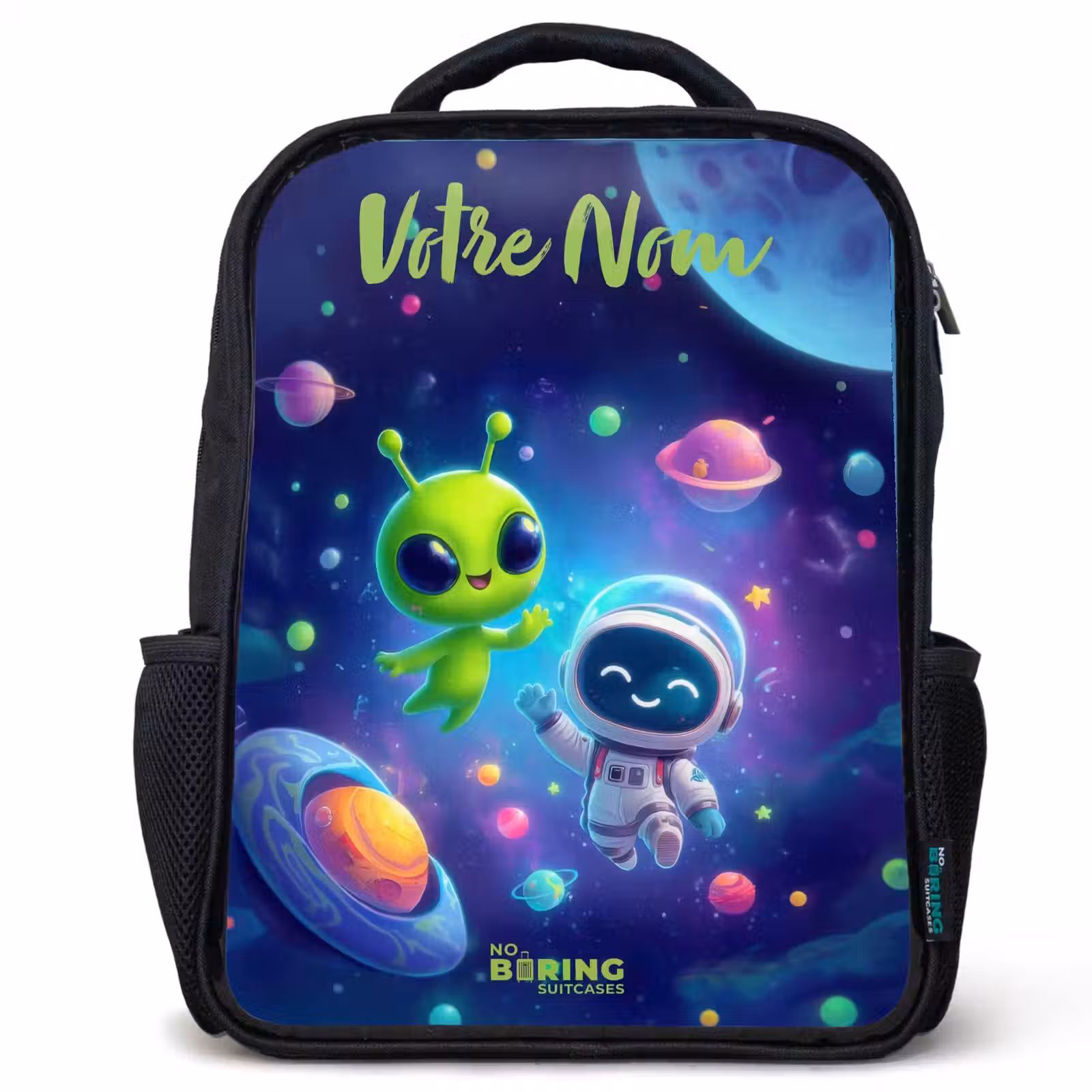 Sac à dos enfant avec votre nom - Noir - Joyeuse rencontre dans l'espace — 1