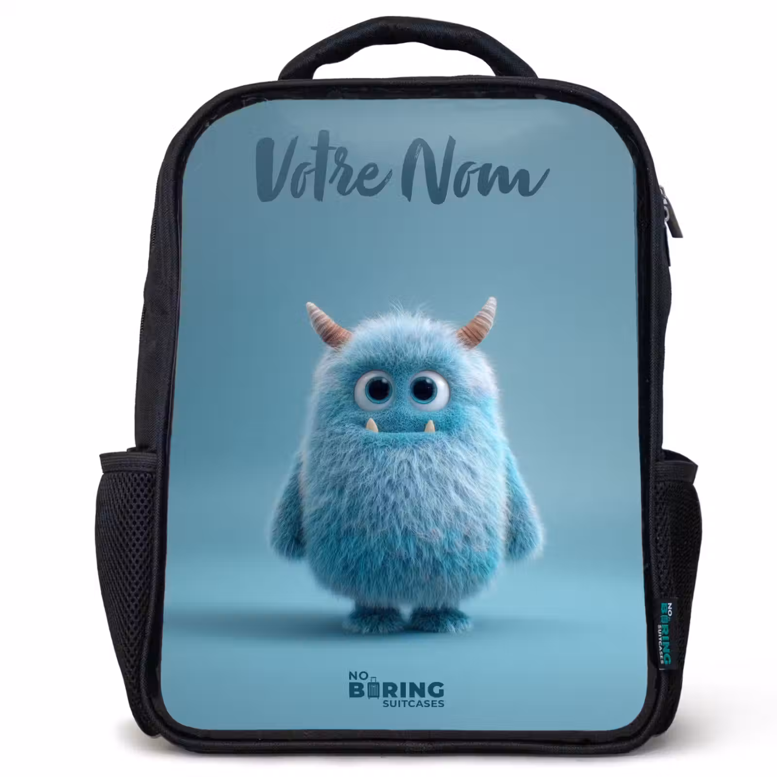 Sac à dos enfant avec votre nom - Noir - Monstre bleu en peluche avec des cornes — 1