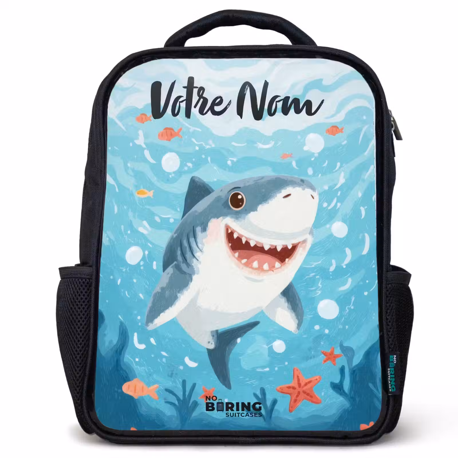 Sac à dos enfant avec votre nom - Noir - Requin - Eau - Mer — 1