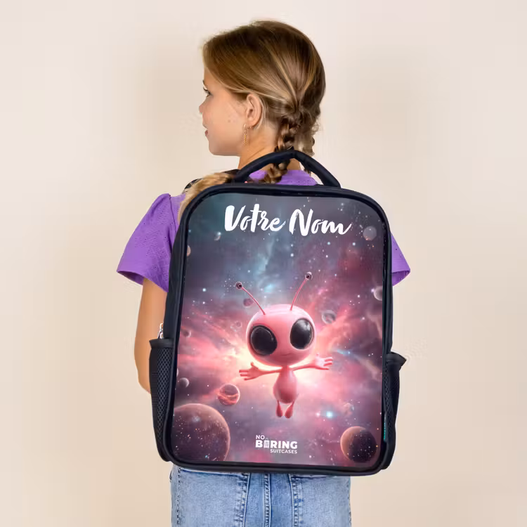 Sac à dos enfant avec votre nom - Noir - Alien rose dans une nébuleuse d'étoiles — 4