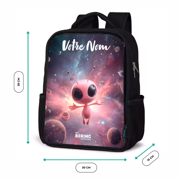 Sac à dos enfant avec votre nom - Noir - Alien rose dans une nébuleuse d'étoiles — 8