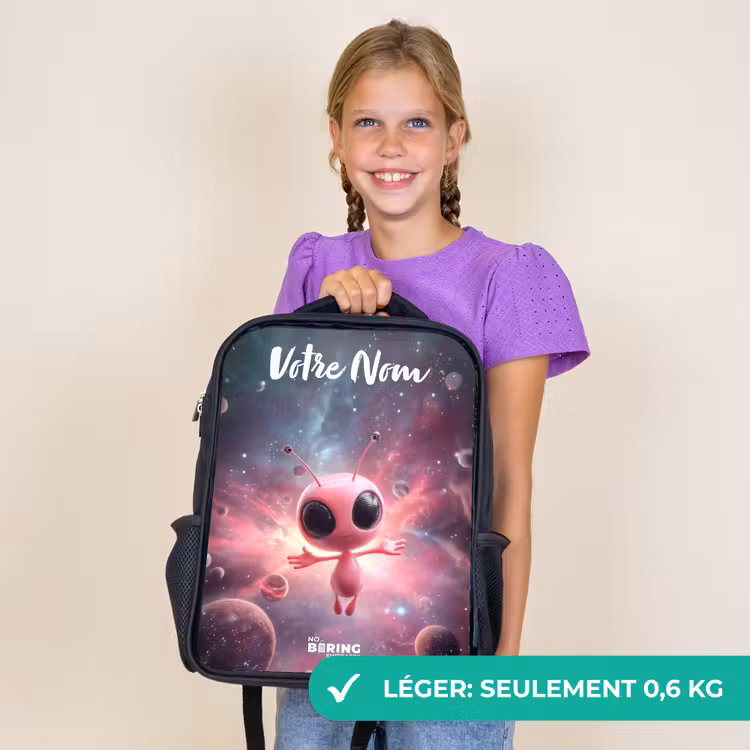 Sac à dos enfant avec votre nom - Noir - Alien rose dans une nébuleuse d'étoiles — 9