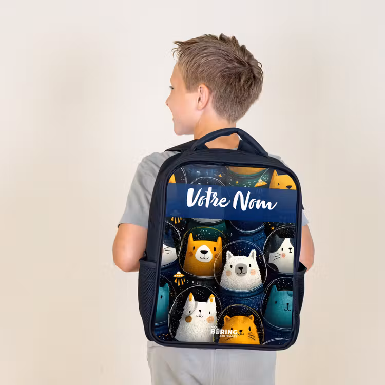 Sac à dos enfant avec votre nom - Noir - Animaux - Étoiles - Planètes - Astronaute — 2
