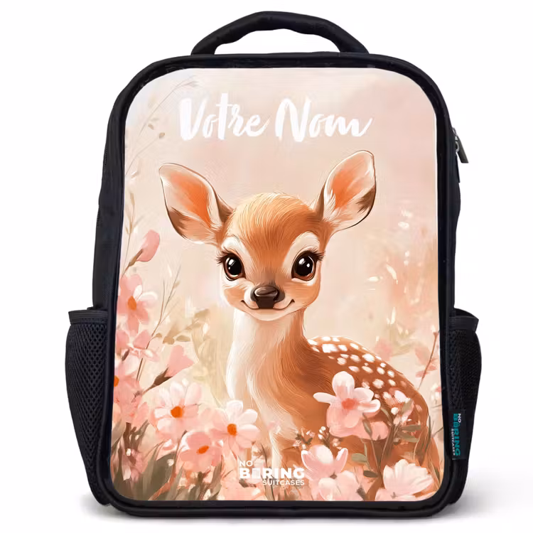 Sac à dos enfant avec votre nom - Noir - Cerf - Fleurs - Points - Rose — 1
