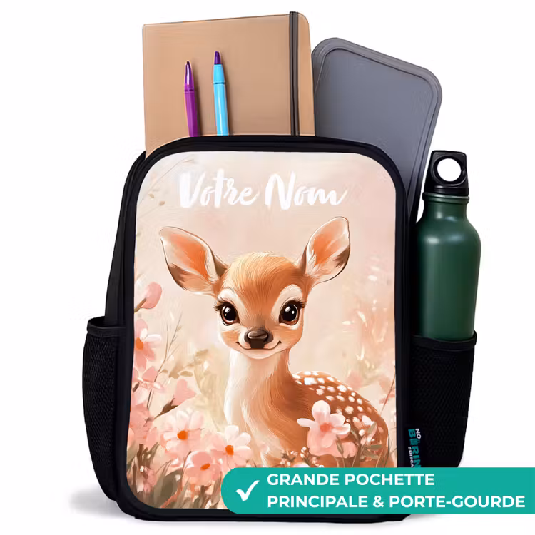 Sac à dos enfant avec votre nom - Noir - Cerf - Fleurs - Points - Rose — 10