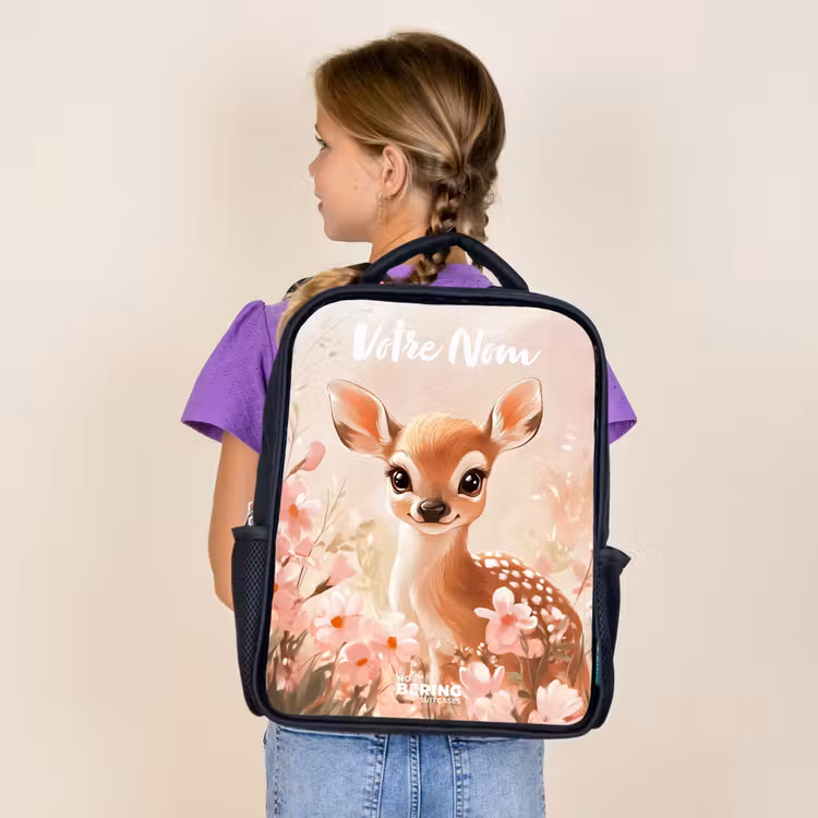 Sac à dos enfant avec votre nom - Noir - Cerf - Fleurs - Points - Rose — 4