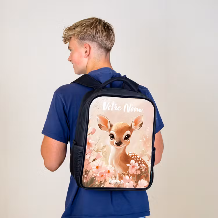 Sac à dos enfant avec votre nom - Noir - Cerf - Fleurs - Points - Rose — 5