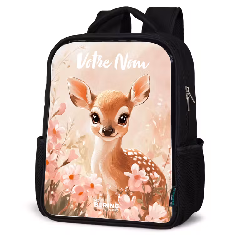 Sac à dos enfant avec votre nom - Noir - Cerf - Fleurs - Points - Rose — 6