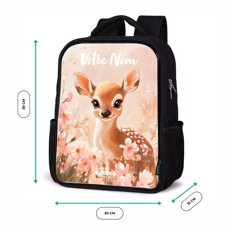 Sac à dos enfant avec votre nom - Noir - Cerf - Fleurs - Points - Rose — 8