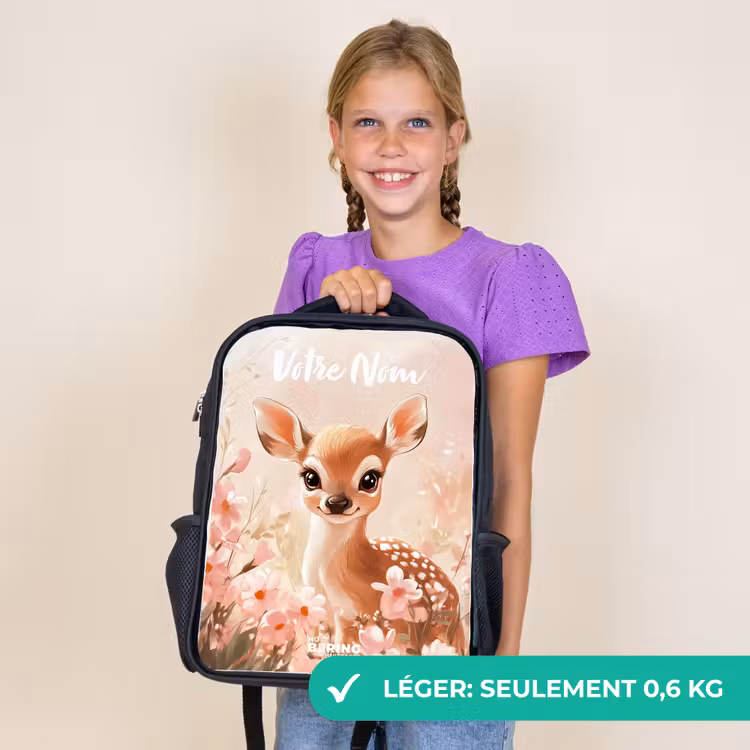 Sac à dos enfant avec votre nom - Noir - Cerf - Fleurs - Points - Rose — 9