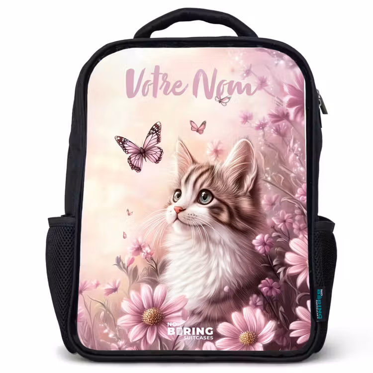Sac à dos enfant avec votre nom - Noir - Chaton - Papillons - Violet - Fleurs — 1