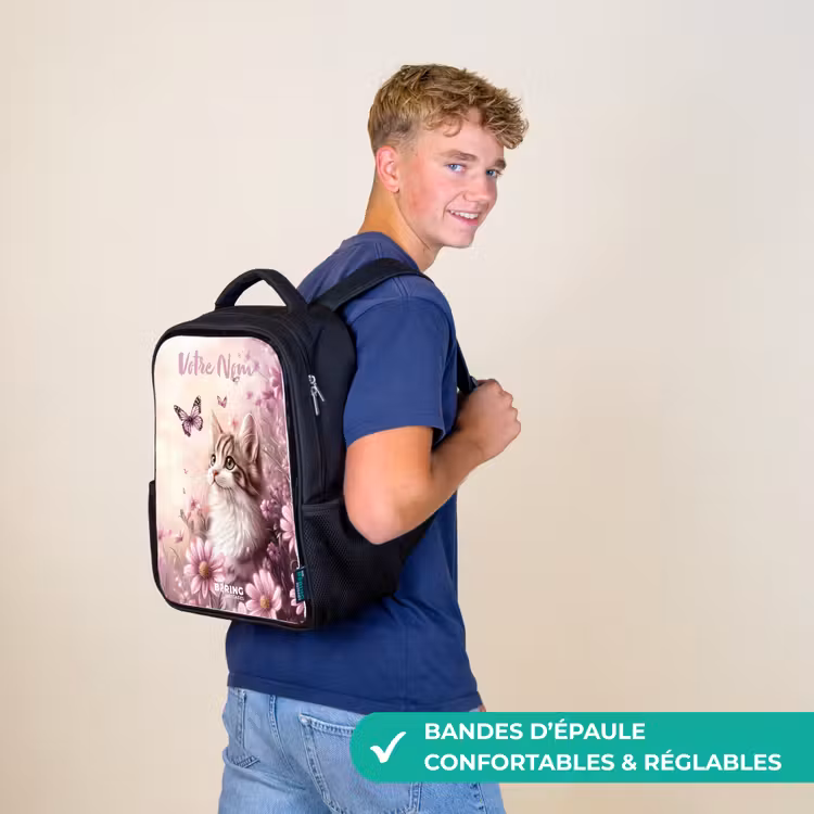 Sac à dos enfant avec votre nom - Noir - Chaton - Papillons - Violet - Fleurs — 11