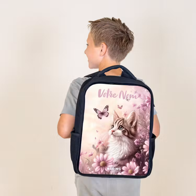 Sac à dos enfant avec votre nom - Noir - Chaton - Papillons - Violet - Fleurs — 2