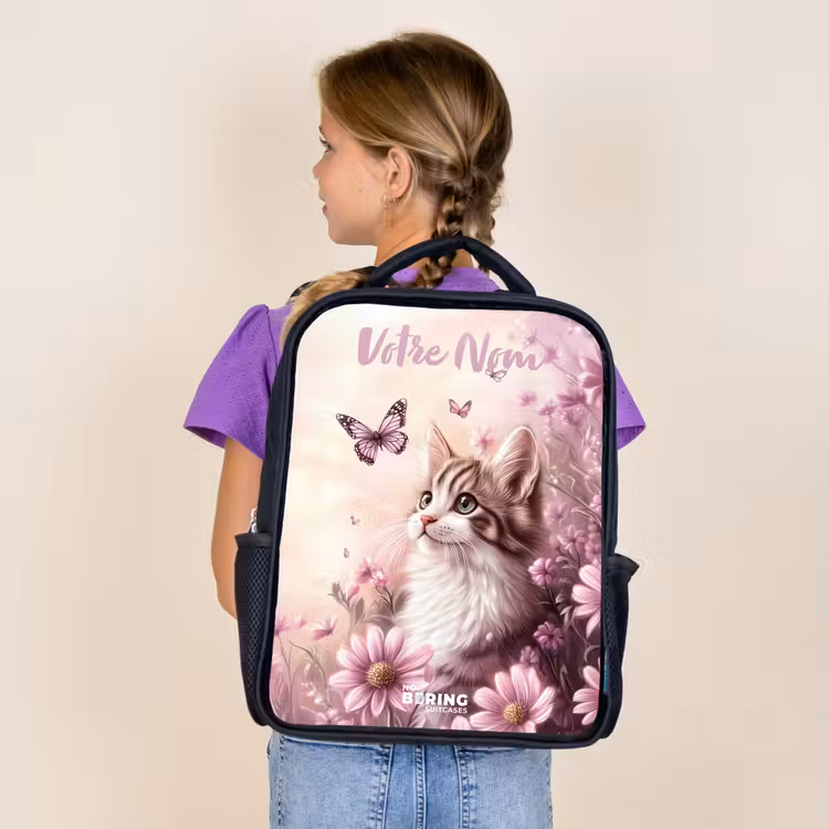 Sac à dos enfant avec votre nom - Noir - Chaton - Papillons - Violet - Fleurs — 4