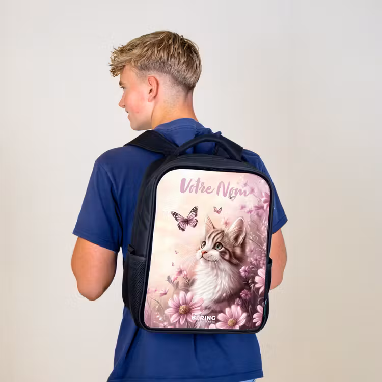 Sac à dos enfant avec votre nom - Noir - Chaton - Papillons - Violet - Fleurs — 5