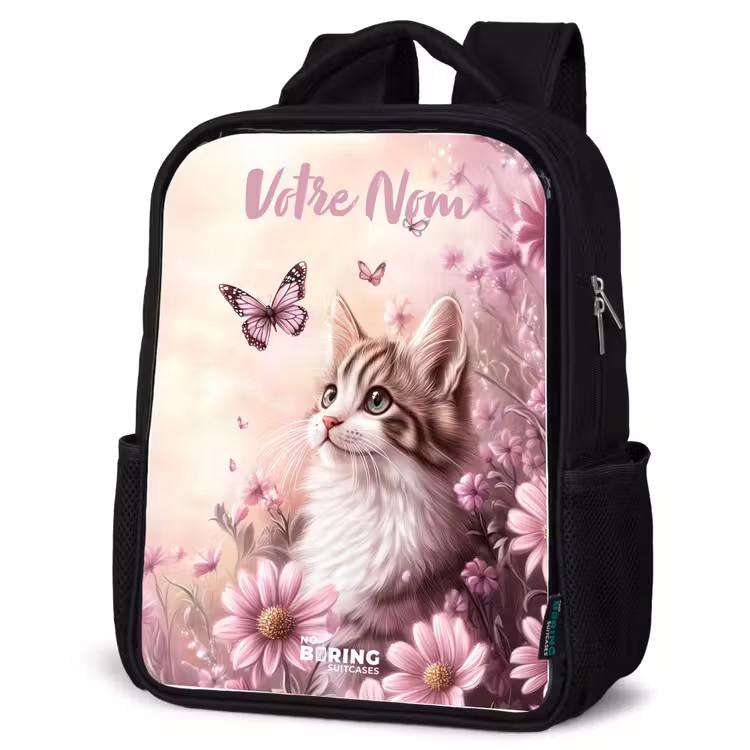 Sac à dos enfant avec votre nom - Noir - Chaton - Papillons - Violet - Fleurs — 6