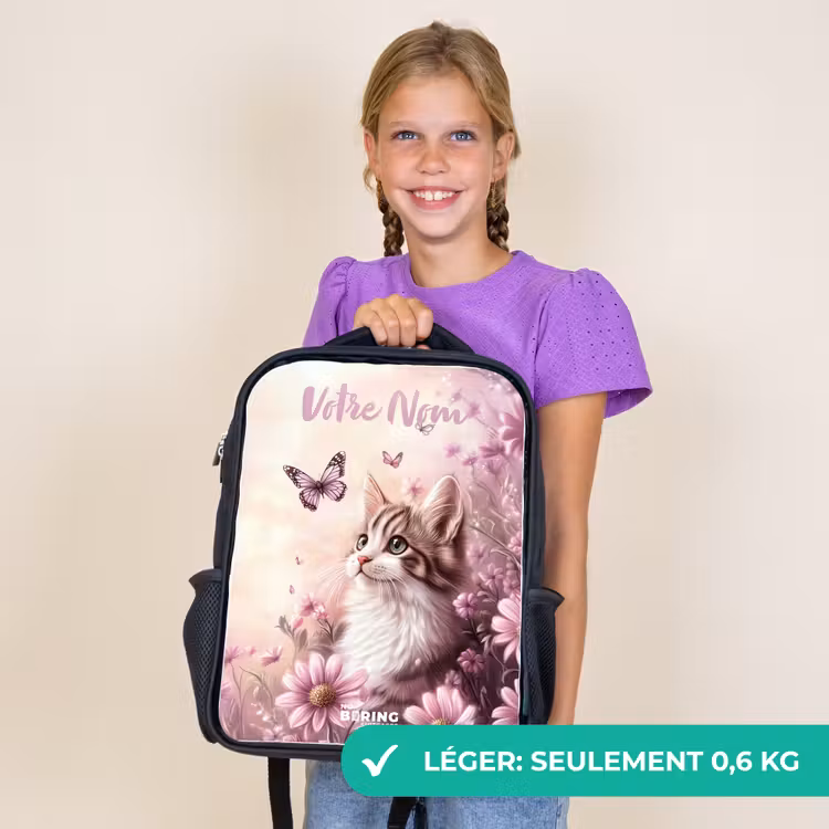 Sac à dos enfant avec votre nom - Noir - Chaton - Papillons - Violet - Fleurs — 9