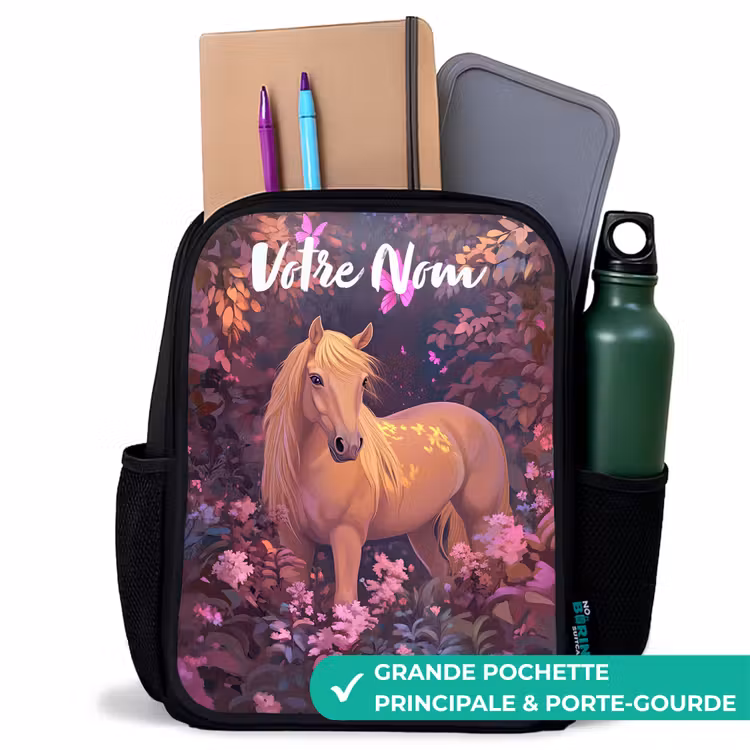Sac à dos enfant avec votre nom - Noir - Cheval - Fleurs - Violet - Papillon — 10