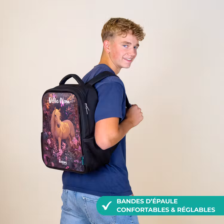 Sac à dos enfant avec votre nom - Noir - Cheval - Fleurs - Violet - Papillon — 11