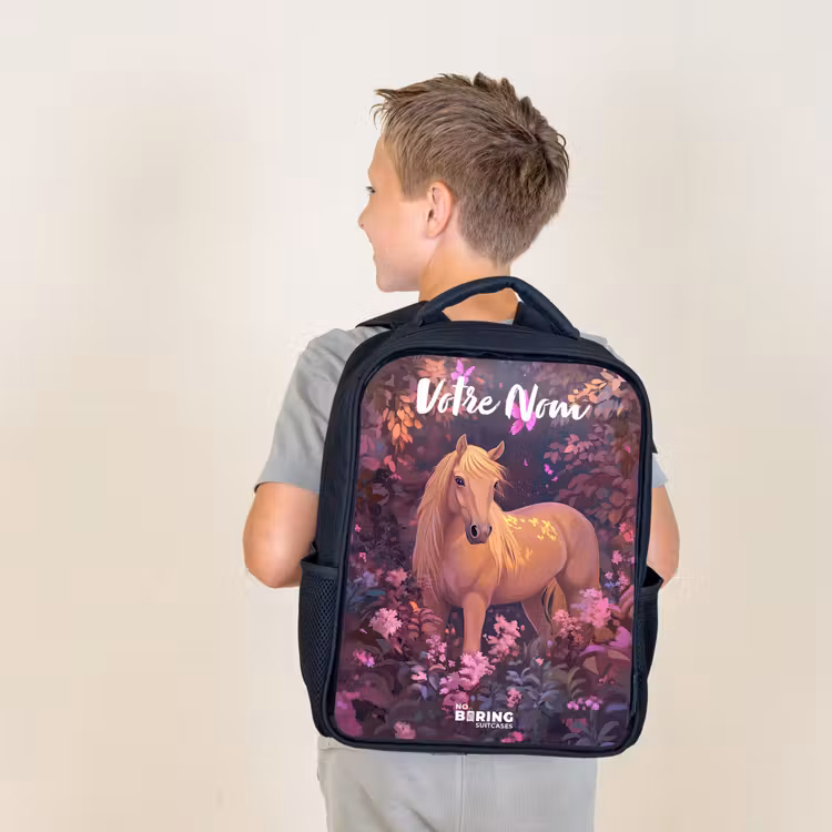 Sac à dos enfant avec votre nom - Noir - Cheval - Fleurs - Violet - Papillon — 2