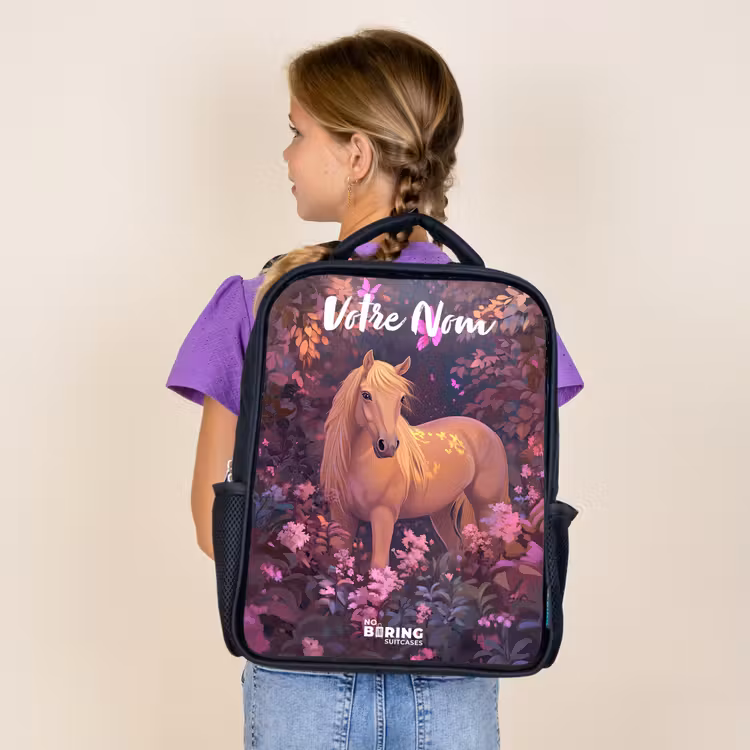Sac à dos enfant avec votre nom - Noir - Cheval - Fleurs - Violet - Papillon — 4