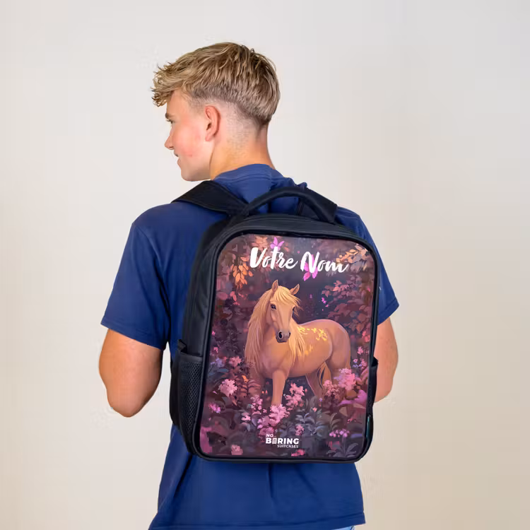 Sac à dos enfant avec votre nom - Noir - Cheval - Fleurs - Violet - Papillon — 5