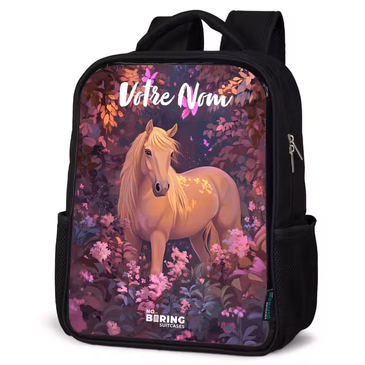 Sac à dos enfant avec votre nom - Noir - Cheval - Fleurs - Violet - Papillon — 6