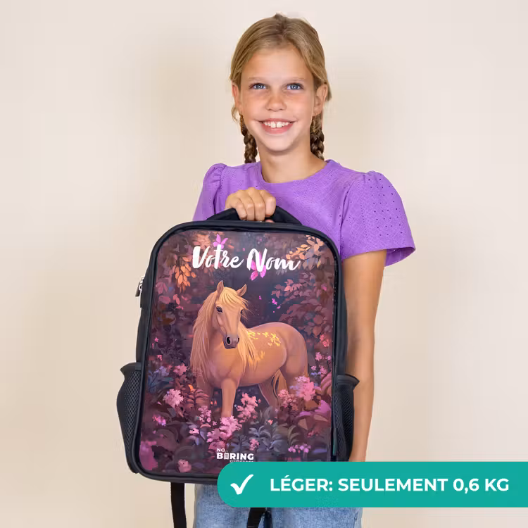 Sac à dos enfant avec votre nom - Noir - Cheval - Fleurs - Violet - Papillon — 9