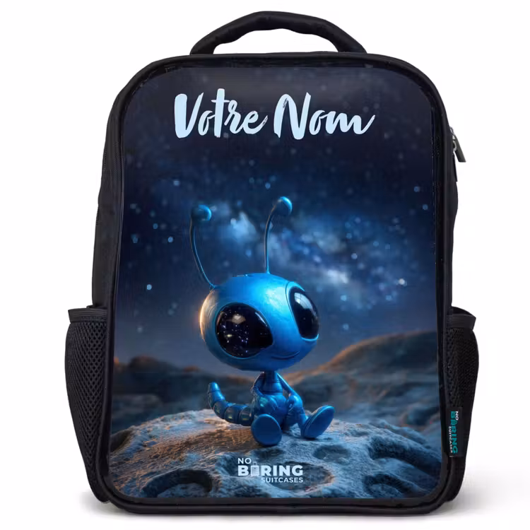 Sac à dos enfant avec votre nom - Noir - Créature extraterrestre bleue sous un ciel étoilé — 1