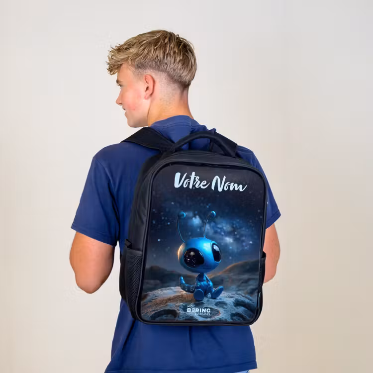 Sac à dos enfant avec votre nom - Noir - Créature extraterrestre bleue sous un ciel étoilé — 5