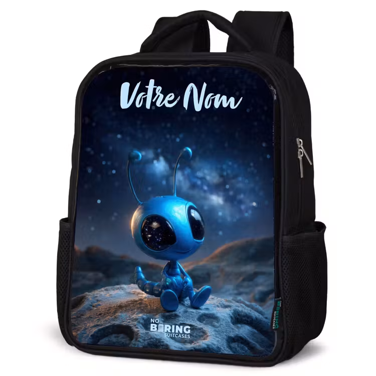 Sac à dos enfant avec votre nom - Noir - Créature extraterrestre bleue sous un ciel étoilé — 6