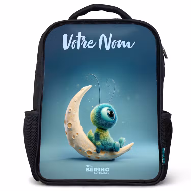 Sac à dos enfant avec votre nom - Noir - Créature rêveuse sur la lune — 1